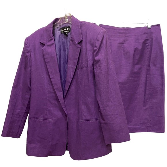Adolfo Linen Pencil Skirt Suit Vintage Designer Career Fully Lined  Purple 14 - Picture 2 of 10